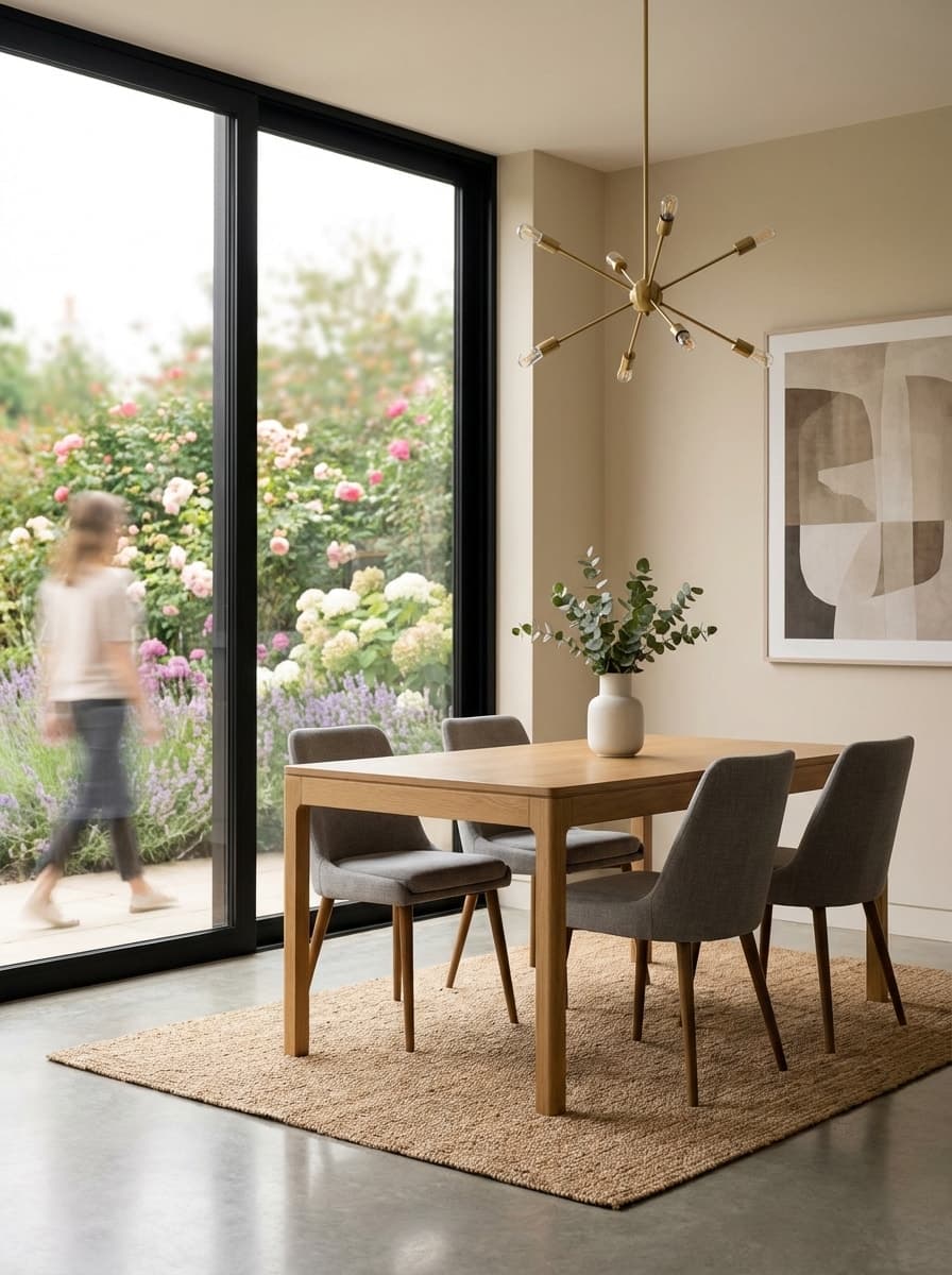 Golden Hour in Bloom - dining room, natural light, wood table, grey chairs, beige walls - Room Inspiration