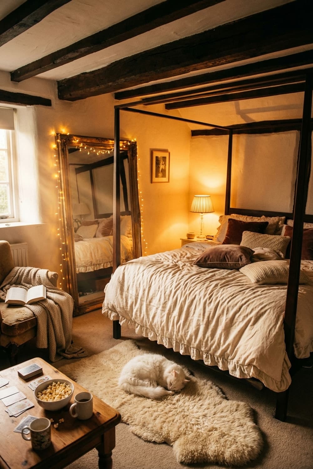 Dawn Light, Dreaming Cat - bedroom, beige, cream, white, four-poster bed - Room Inspiration