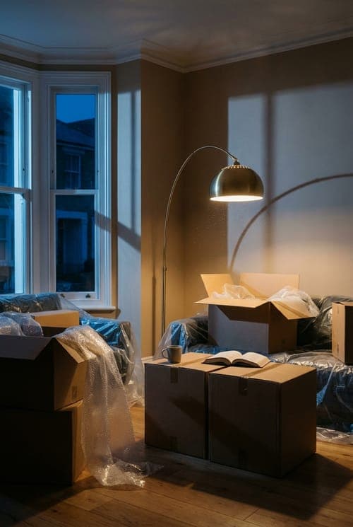 Moving In, Light Leans - living room, moving boxes, wooden floor