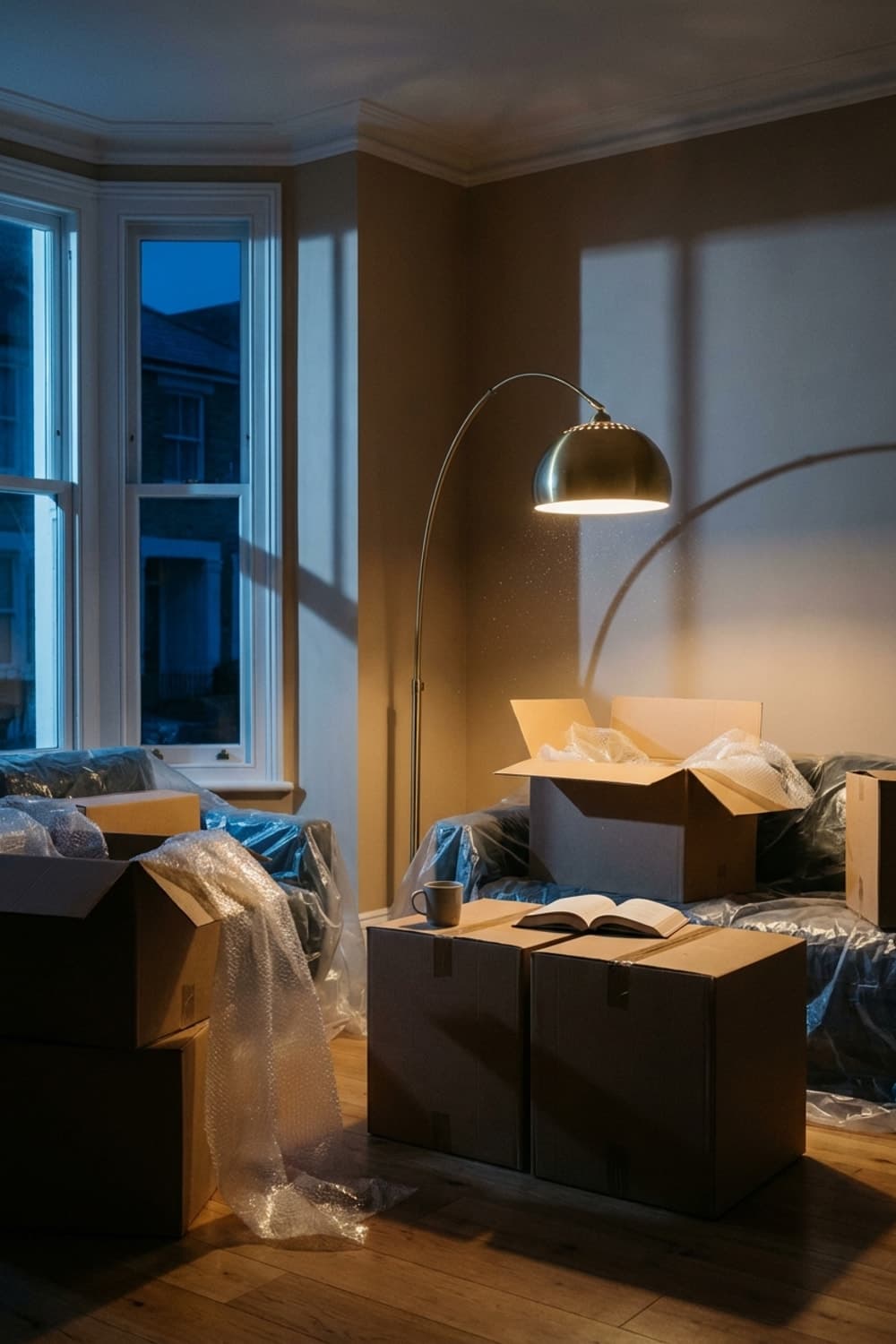 Moving In, Light Leans - living room, moving boxes, wooden floor, bronze lamp, book - Room Inspiration