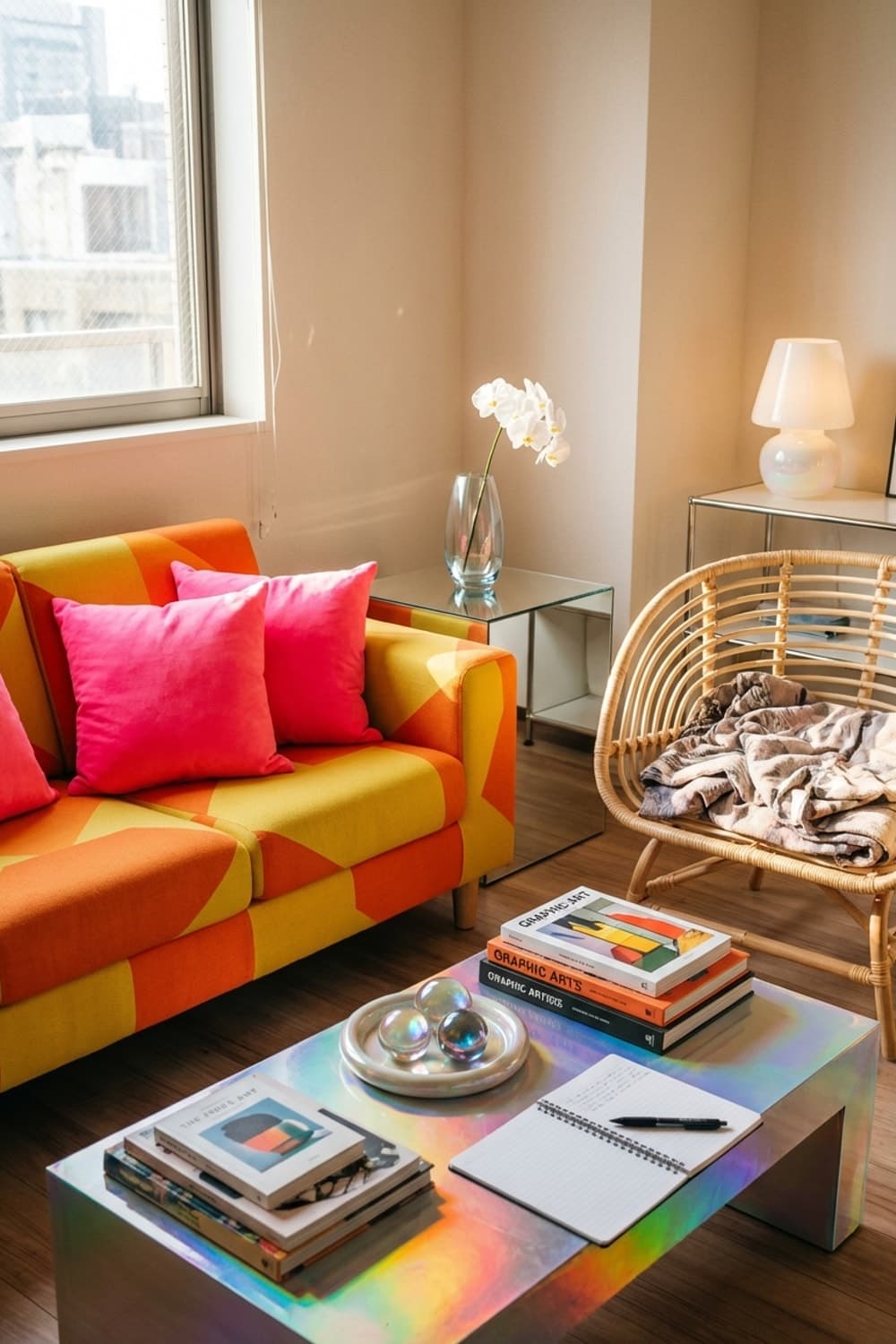 Bright Notes on a Cloudy Day - living room, orange, yellow, pink, modern - Room Inspiration