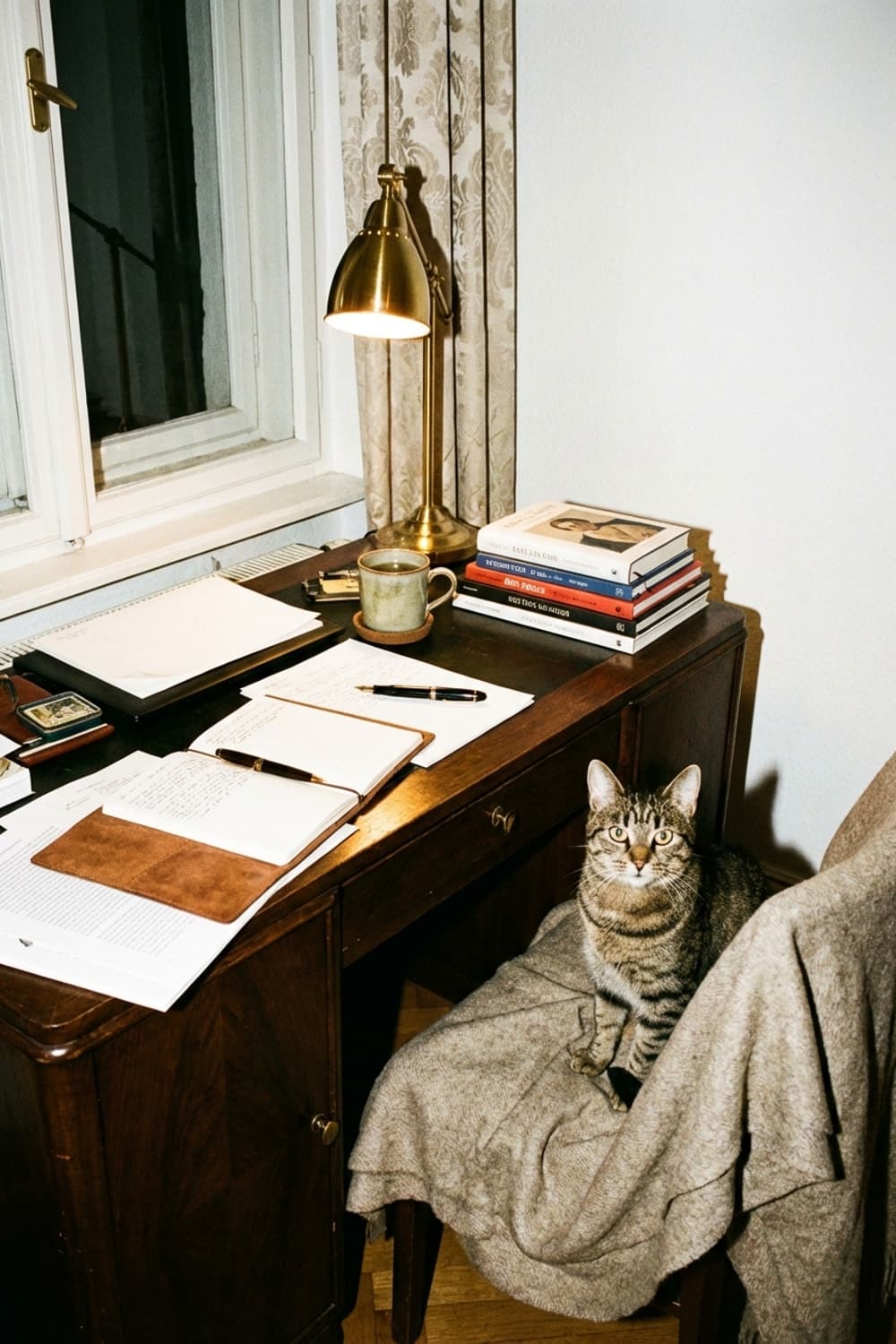 Quiet Sentience in Amber Light - home office, desk, wooden desk, brass lamp, reading - Room Inspiration