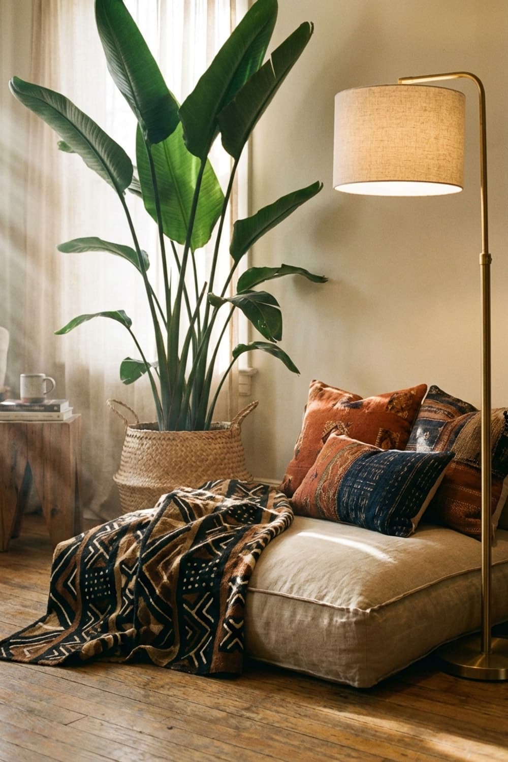 A Warmth Before Words - living room, floor cushion, floor pillow, brown, beige - Room Inspiration