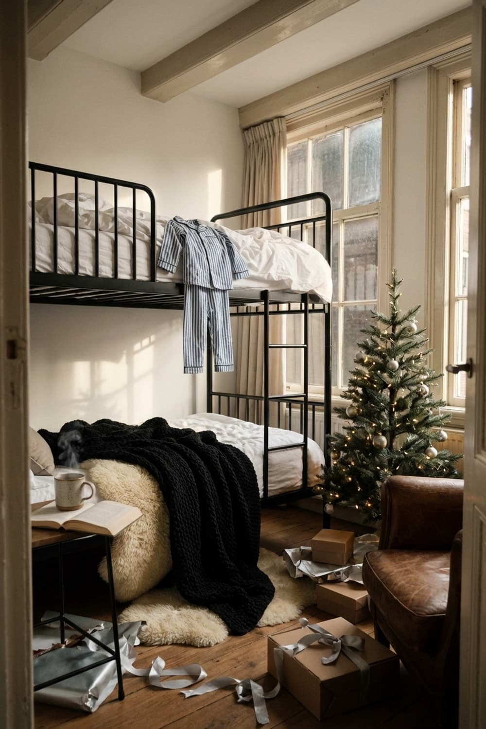 A Little Late, A Little Sleepy - bedroom, bunk bed, black metal, white bedding, Christmas tree - Room Inspiration