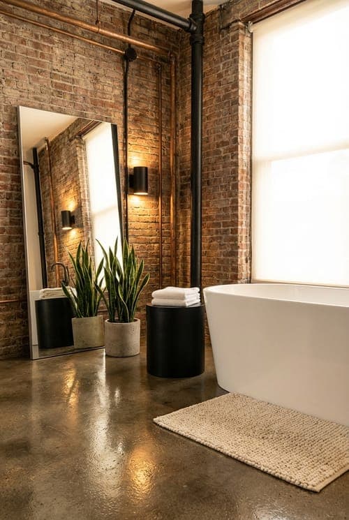 Brick Walls Hold Morning Light - bathroom, exposed brick, concrete floor