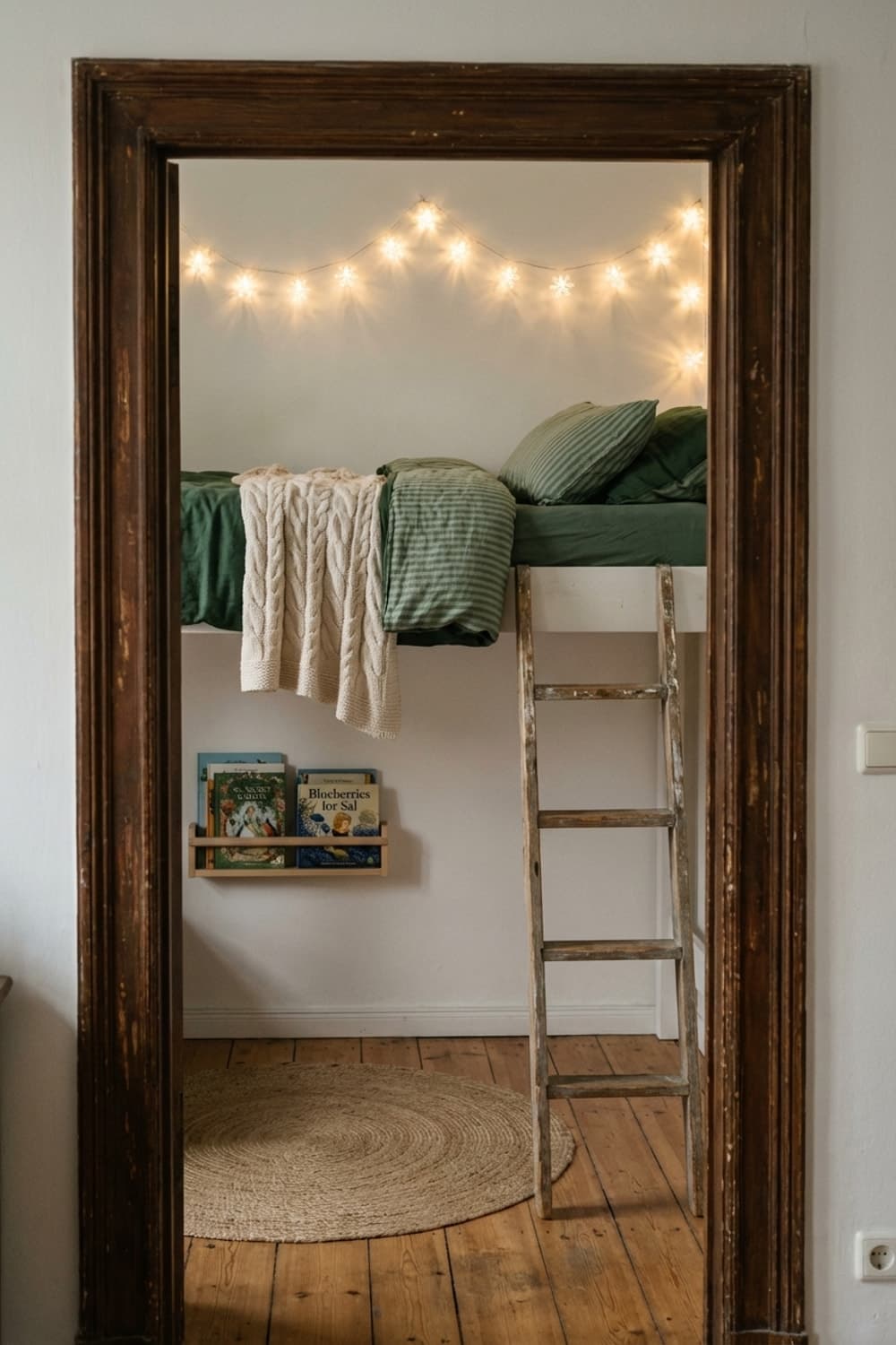 Ladder to Dreamlight - bedroom, loft bed, rustic ladder, string lights, neutral rug - Room Inspiration