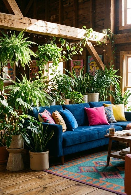 Emerald Comforts, Light-Struck Mornings - living room, wood paneling, blue sofa