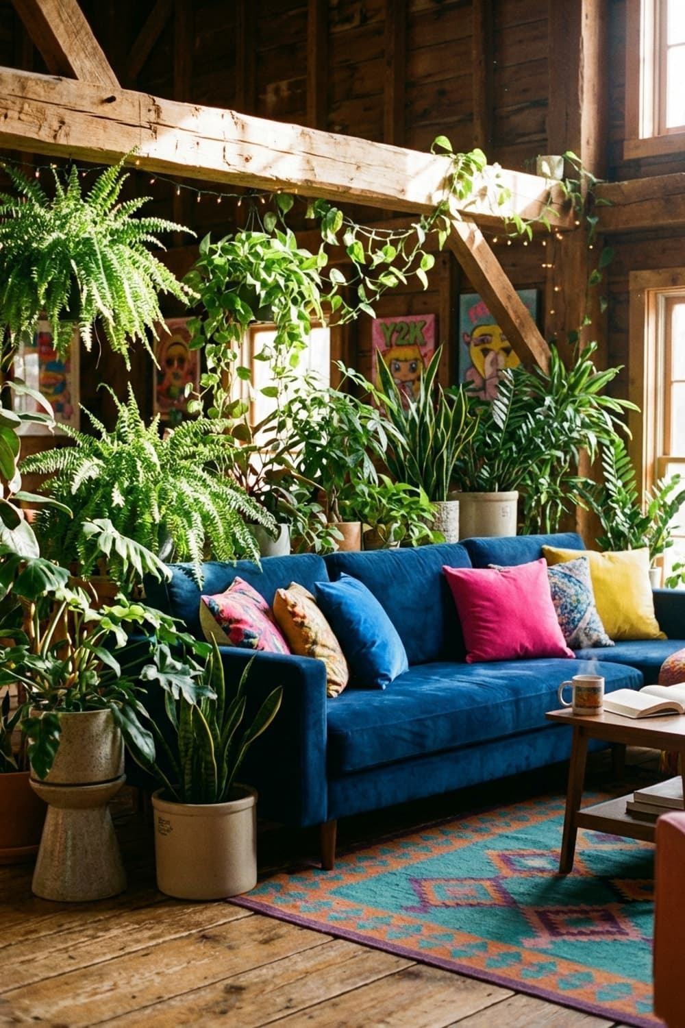 Emerald Comforts, Light-Struck Mornings - living room, wood paneling, blue sofa, green plants, bohemian rug - Room Inspiration