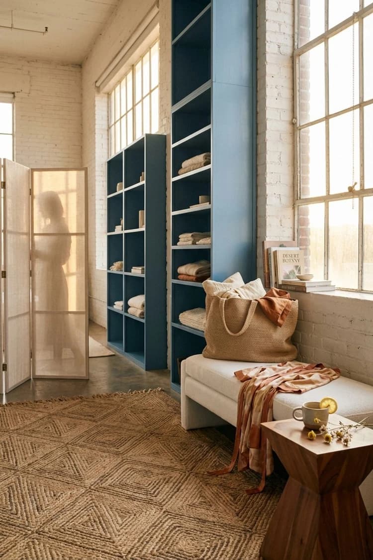 Light, Linen, Open Shelves - bedroom, dressing room, blue, beige, white - Room Inspiration