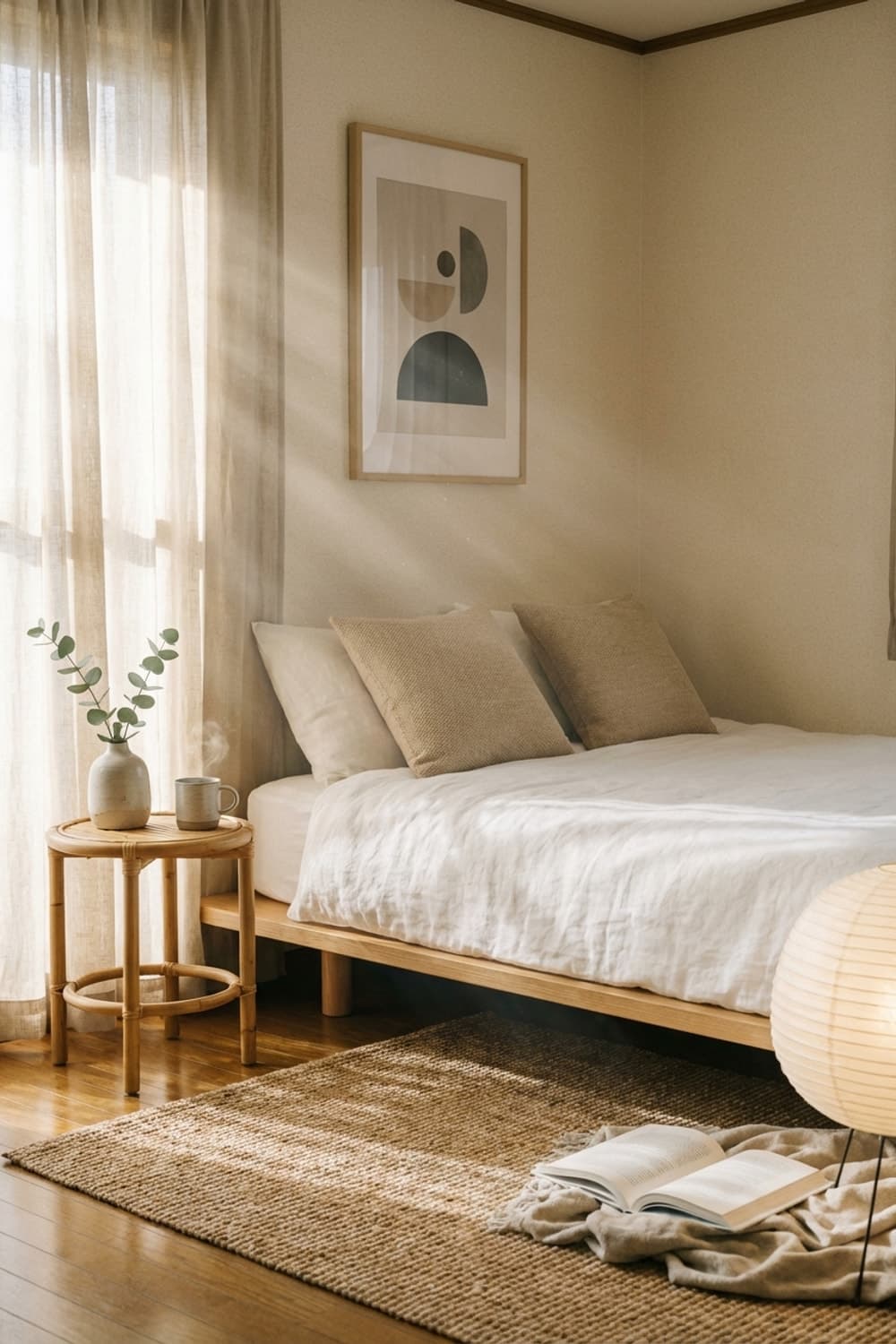 Sunbeam and Linen Whisperings - bedroom, beige, brown, linen, wood bed frame - Room Inspiration