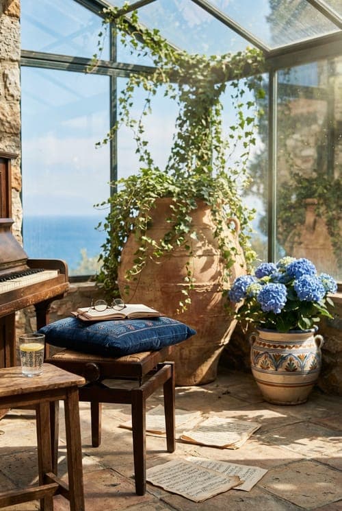 Sunlight, Hydrangeas, a Forgotten Song - sunroom, ocean view, piano