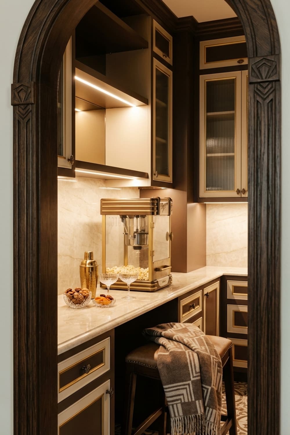 Popcorn, Light, Quiet - home bar, brown, gold, popcorn maker, marble countertop - Room Inspiration