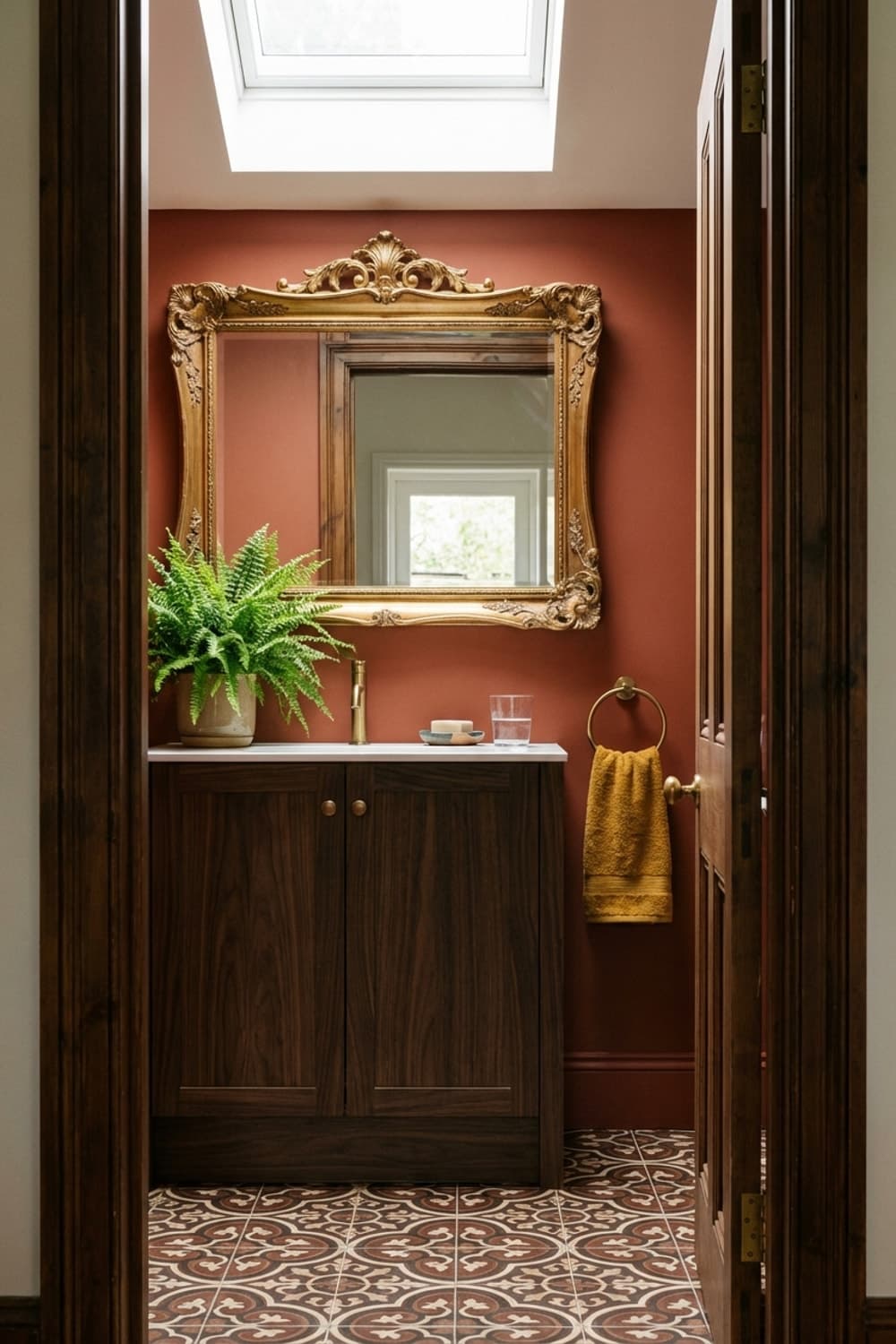 Gold Frame, Good Light. - bathroom, terracotta, gold frame, wood vanity, patterned tile - Room Inspiration