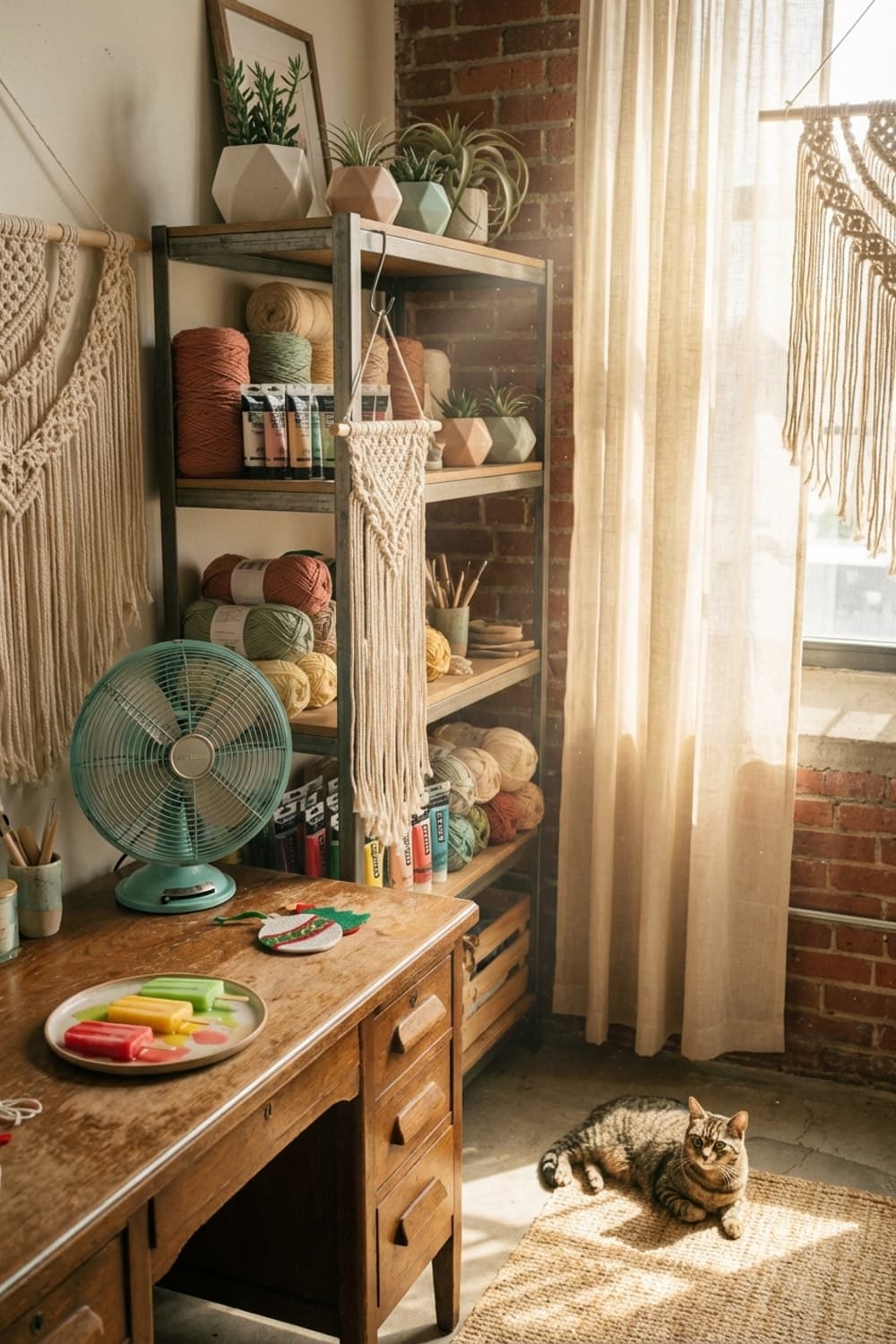Sun-Drenched Strands and Quiet Paws - craft room, studio, wooden desk, brown, beige - Room Inspiration