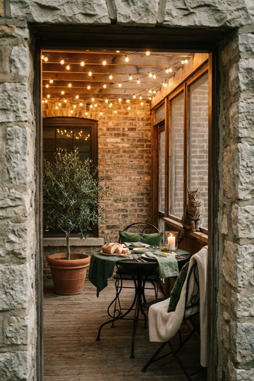 Olive Branch and Evening Light - outdoor dining, olive tree, string lights, stone wall, wrought iron table - Room Inspiration