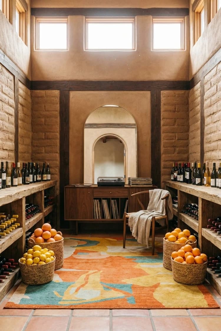 The Sommelier's Secret Stash - wine cellar, orange, terracotta, wooden console, vintage - Room Inspiration