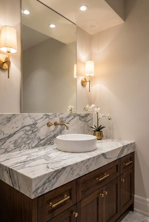 Orchid Reflection, Marble Whisper - powder room, marble countertop, Calacatta marble