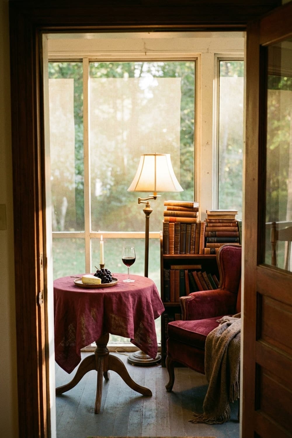 Twilight's Gentle Confession - reading nook, burgundy, wood, vintage lamp, cozy - Room Inspiration