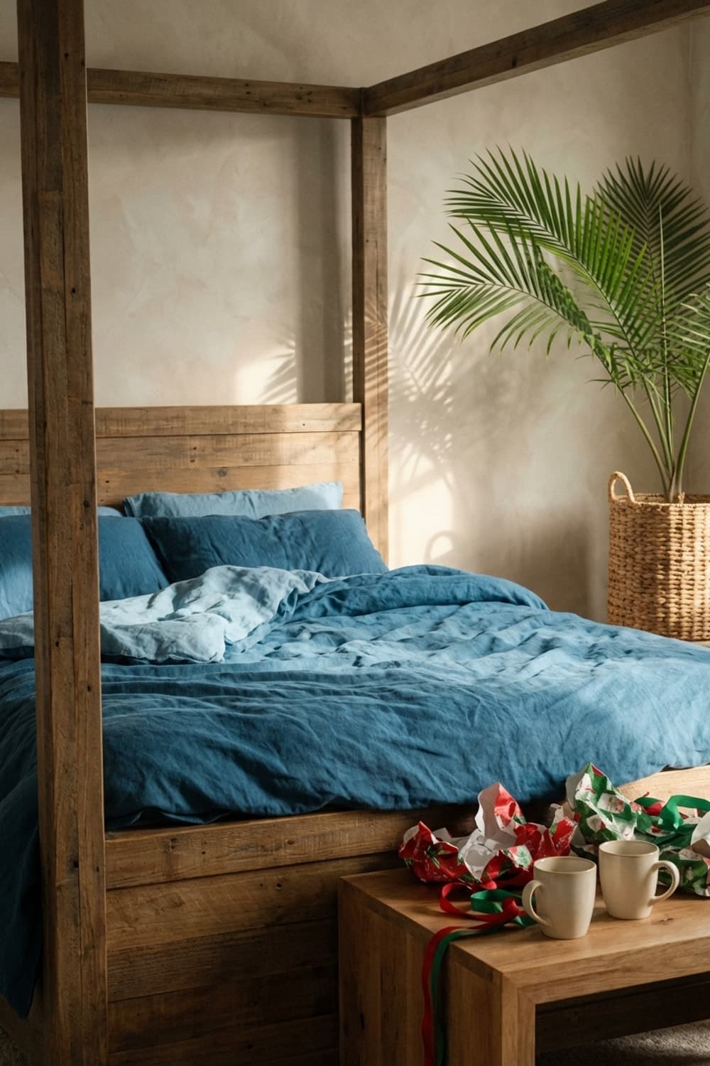 Blue Linen, Silent Awakening - Bedroom, Blue, Wood, Linen bedding, Four-poster bed - Room Inspiration