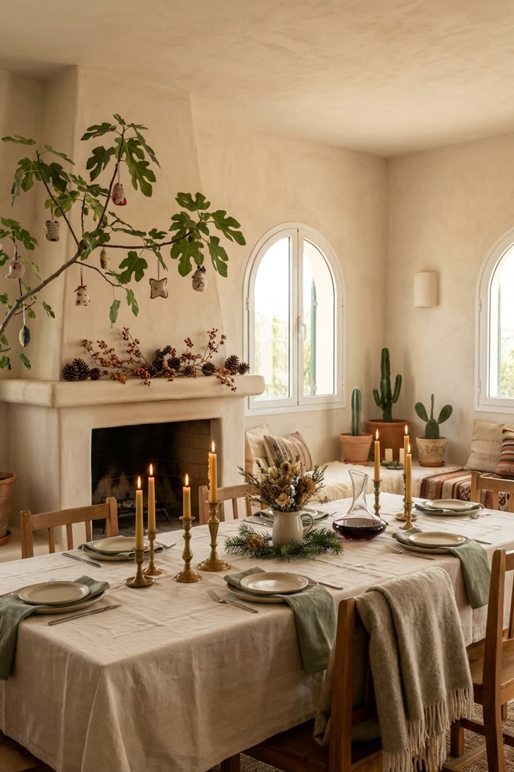 Amber Prayers on Linen Plains - dining room, beige, cream, brown, green - Room Inspiration