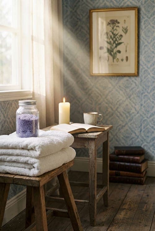 Sunbeams and Stillness Before the Bath - bathroom, natural light, blue patterned wallpaper