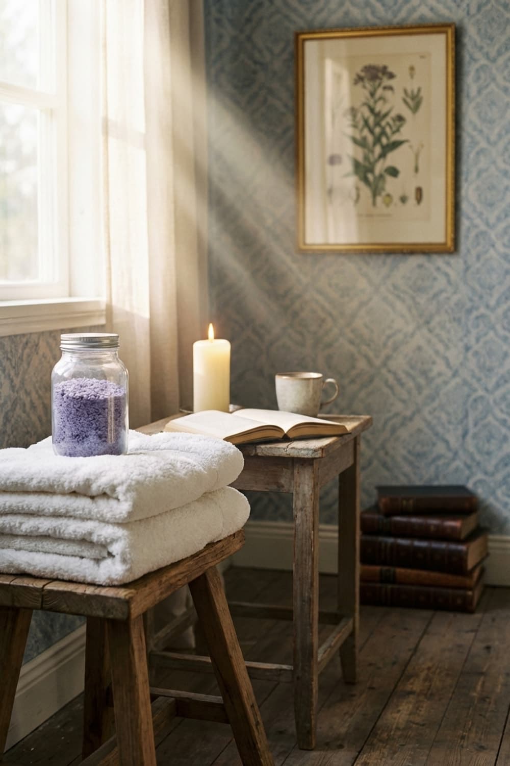 Sunbeams and Stillness Before the Bath - bathroom, natural light, blue patterned wallpaper, wooden stools, white towels - Room Inspiration