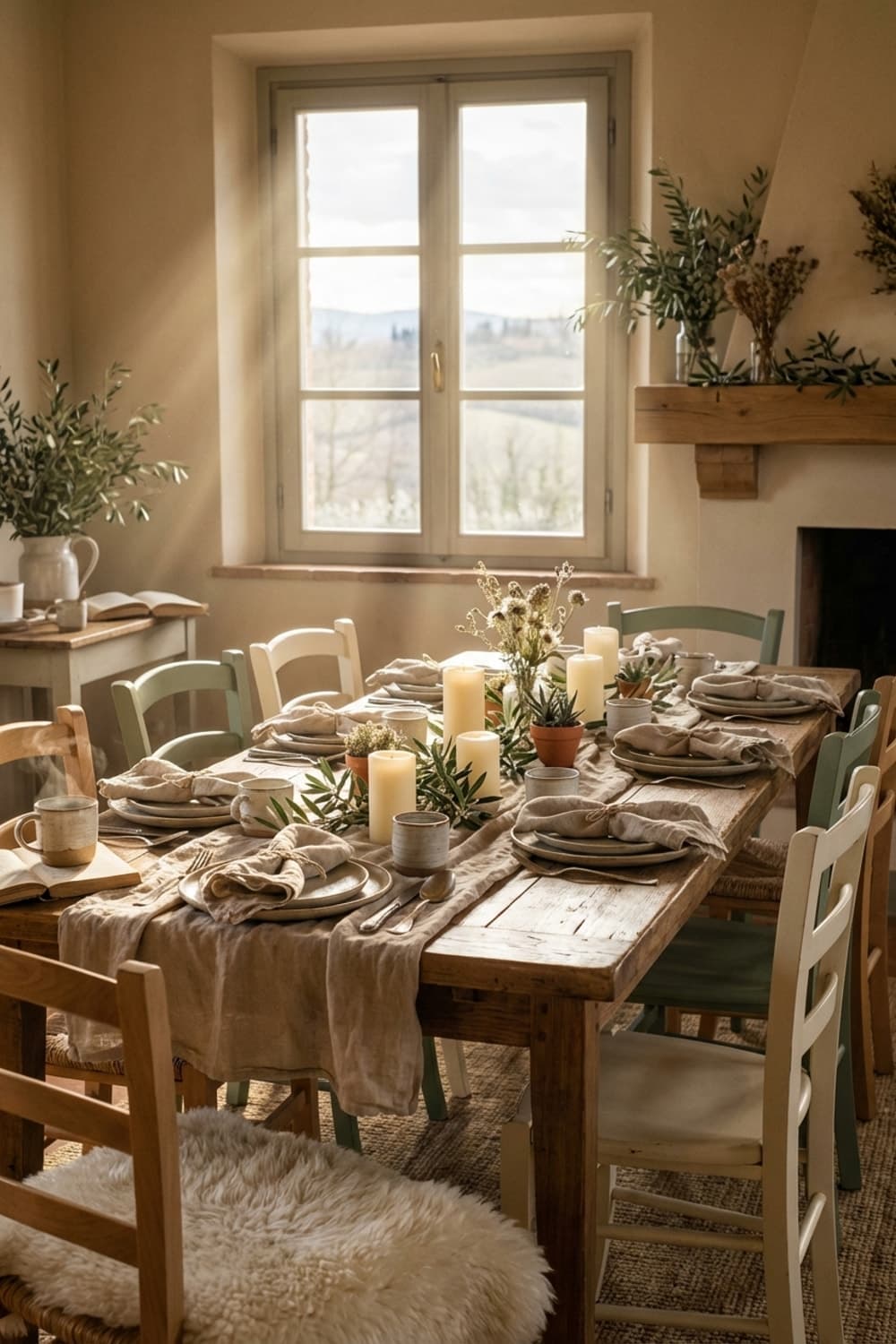 A Sunbeam and a Linen Napkin - dining room, rustic style, wooden table, linen runner, ceramic tableware - Room Inspiration