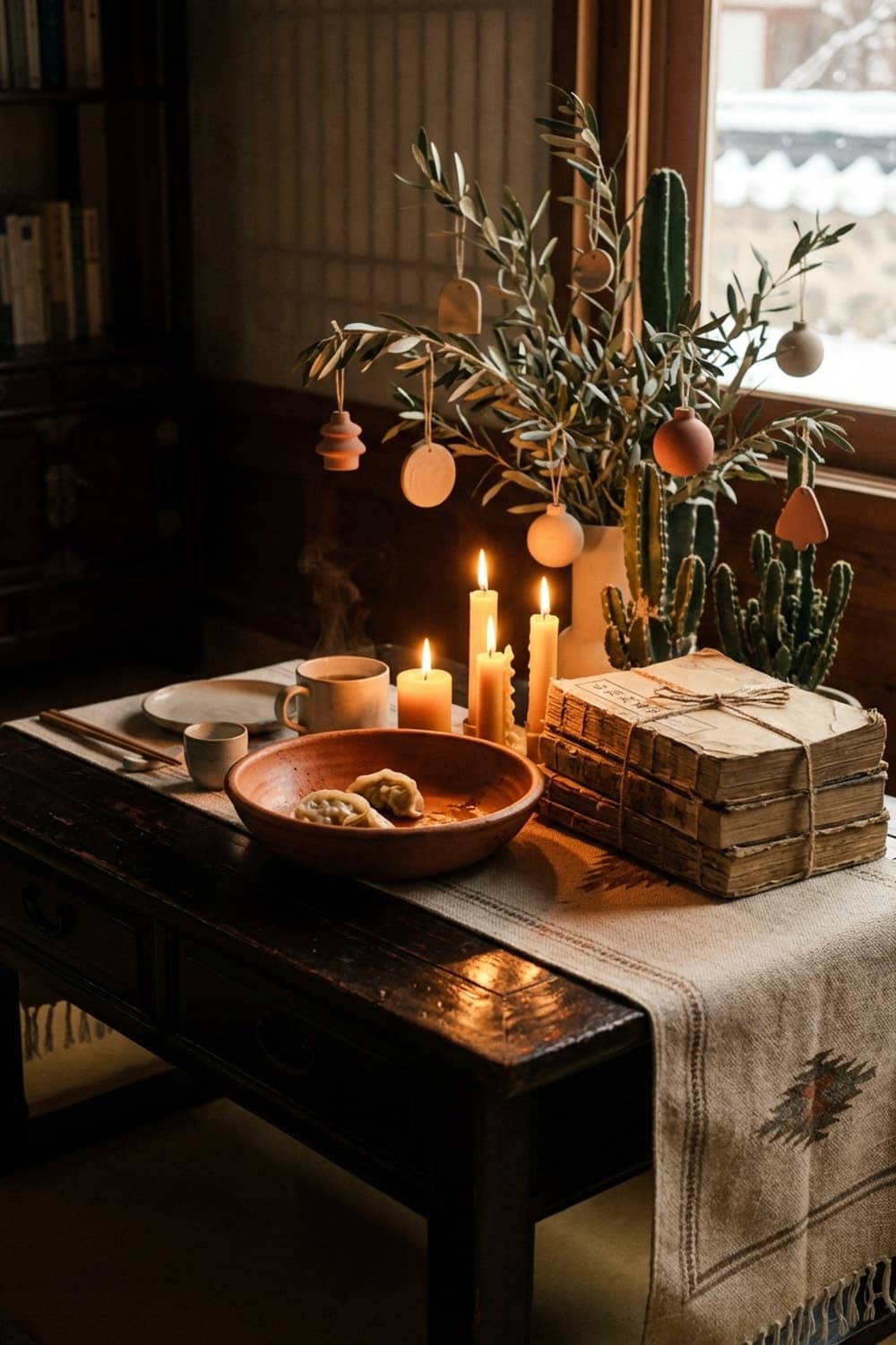 Candlelight and Cold Dumplings - small table, dark wood, beige runner, ceramic bowl, dumplings - Room Inspiration