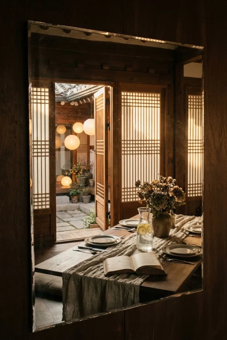 Open Door, Open Book - dining room, wood, linen, white lanterns, open book - Room Inspiration