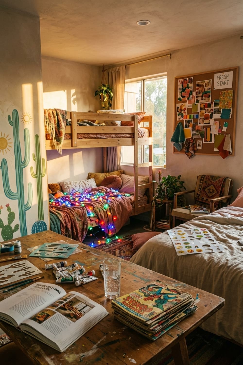 Sunset-Dipped Stories, Paper Heart Dreams - bedroom, earth tones, golden hour, bunk beds, vintage comics - Room Inspiration