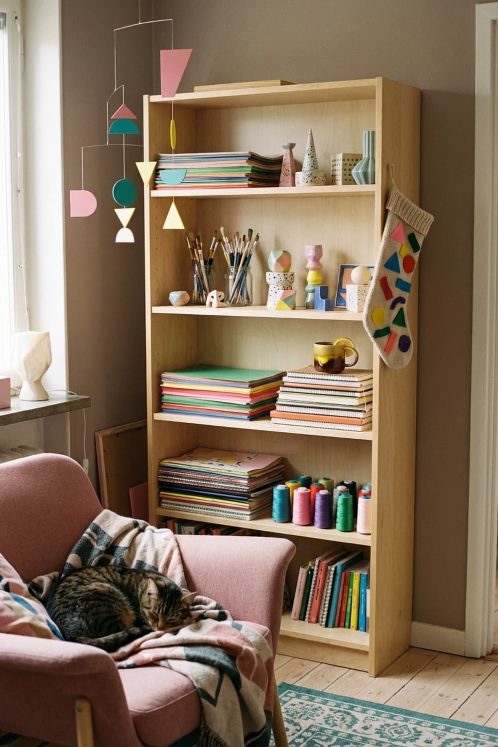 Cat Nap Among Colors - reading nook, pink armchair, sleeping cat, multicolored books, colorful art supplies - Room Inspiration