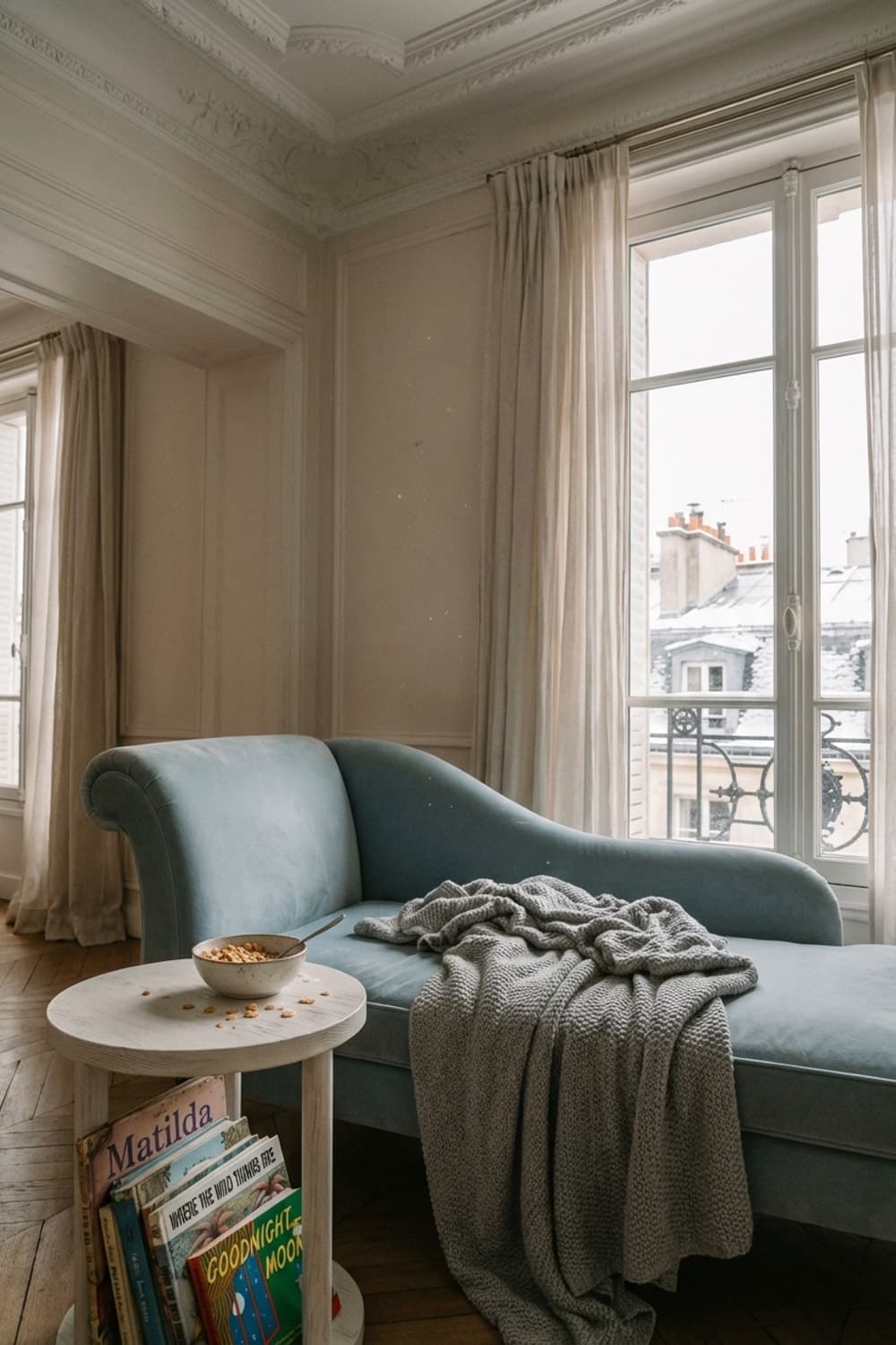 Snowflakes and Stories by the Window - living room, chaise lounge, blue, grey, wooden side table - Room Inspiration