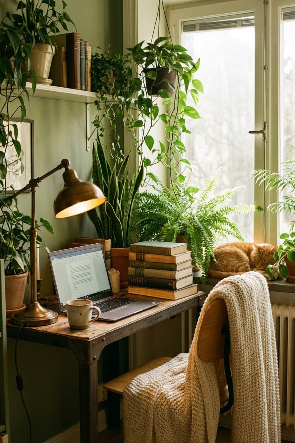 Words, Sunlight, and Sleeping Cats - home office, study, green, brown, wooden desk - Room Inspiration