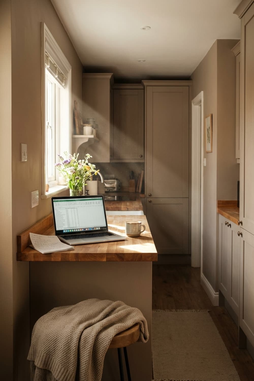 Every Window a Chance of Rain - kitchen, neutral color palette, wood countertop, breakfast nook, laptop - Room Inspiration