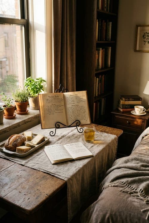 Bread. Book. Quiet Window. - bedroom, brown, beige