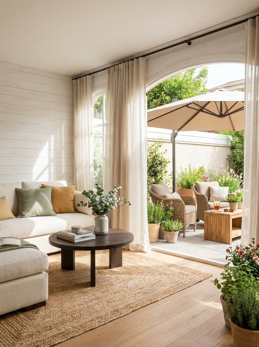 Sun-Drenched Promises - living room, patio, cream, beige, brown - Room Inspiration