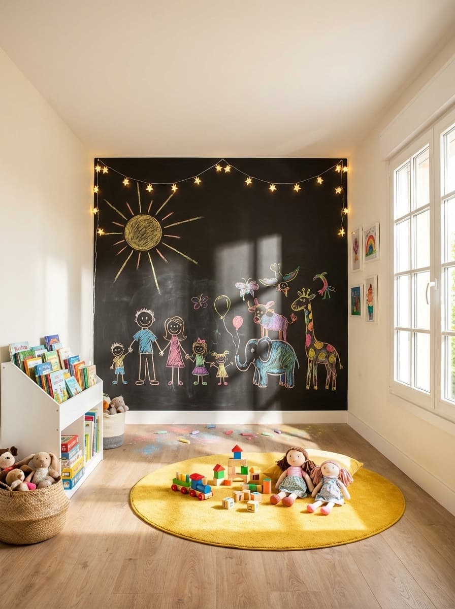Chalk Sun in a Child's Dream - playroom, kids room, yellow rug, chalkboard wall, star string lights - Room Inspiration