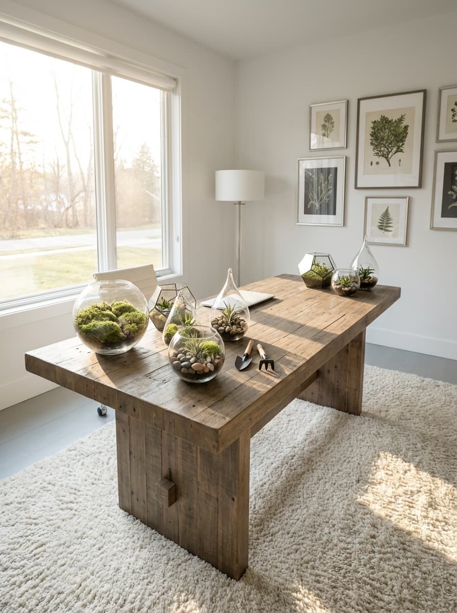 Sunlight and Silent Growth - home office, wood desk, terracotta, glass, botanical prints - Room Inspiration