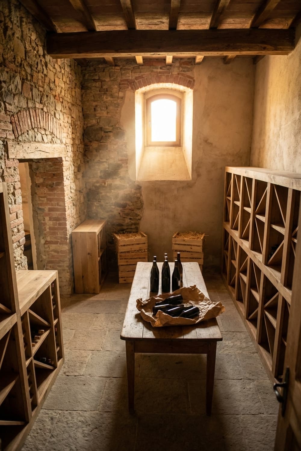Cellar of Secrets, Wine-Dark Light - wine cellar, rustic, wooden table, wine bottles, stone walls - Room Inspiration