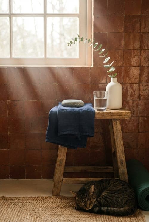 Golden Hour of Eucalyptus and Sleep - bathroom, brown tile, wooden stool