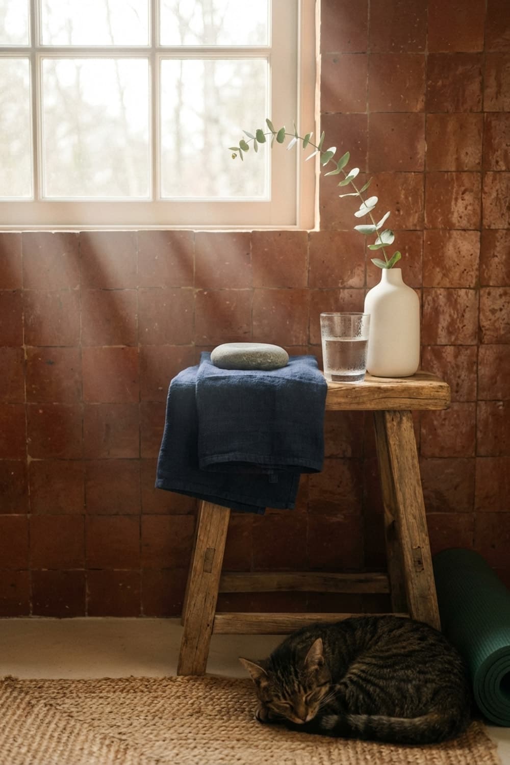 Golden Hour of Eucalyptus and Sleep - bathroom, brown tile, wooden stool, sleeping cat, eucalyptus - Room Inspiration