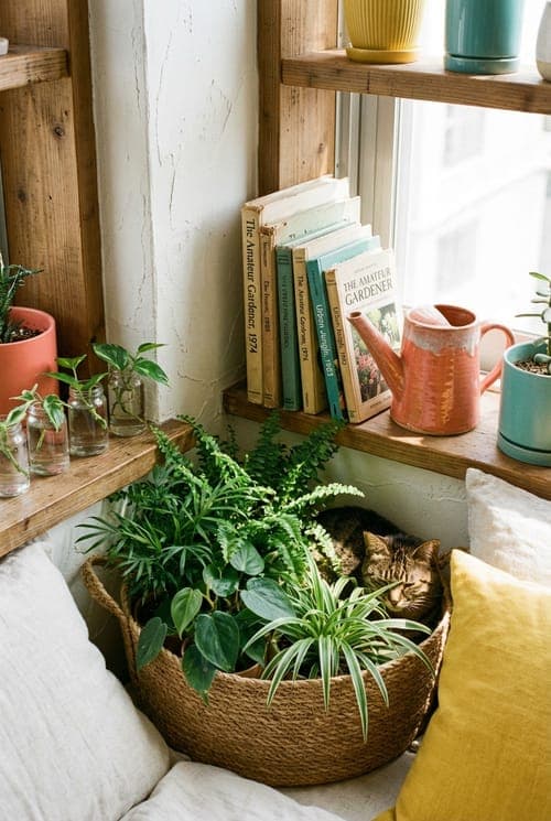 Green Sleep, Winter Held at Bay - indoor garden, indoor plants, wicker basket