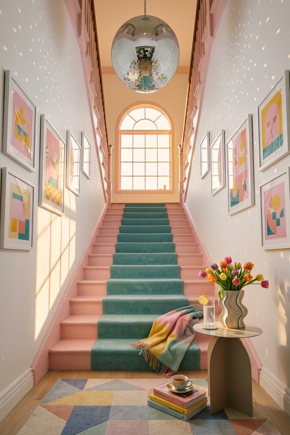 Stairwell to Light's Ascent - stairwell, entryway, pink, teal, geometric rug - Room Inspiration