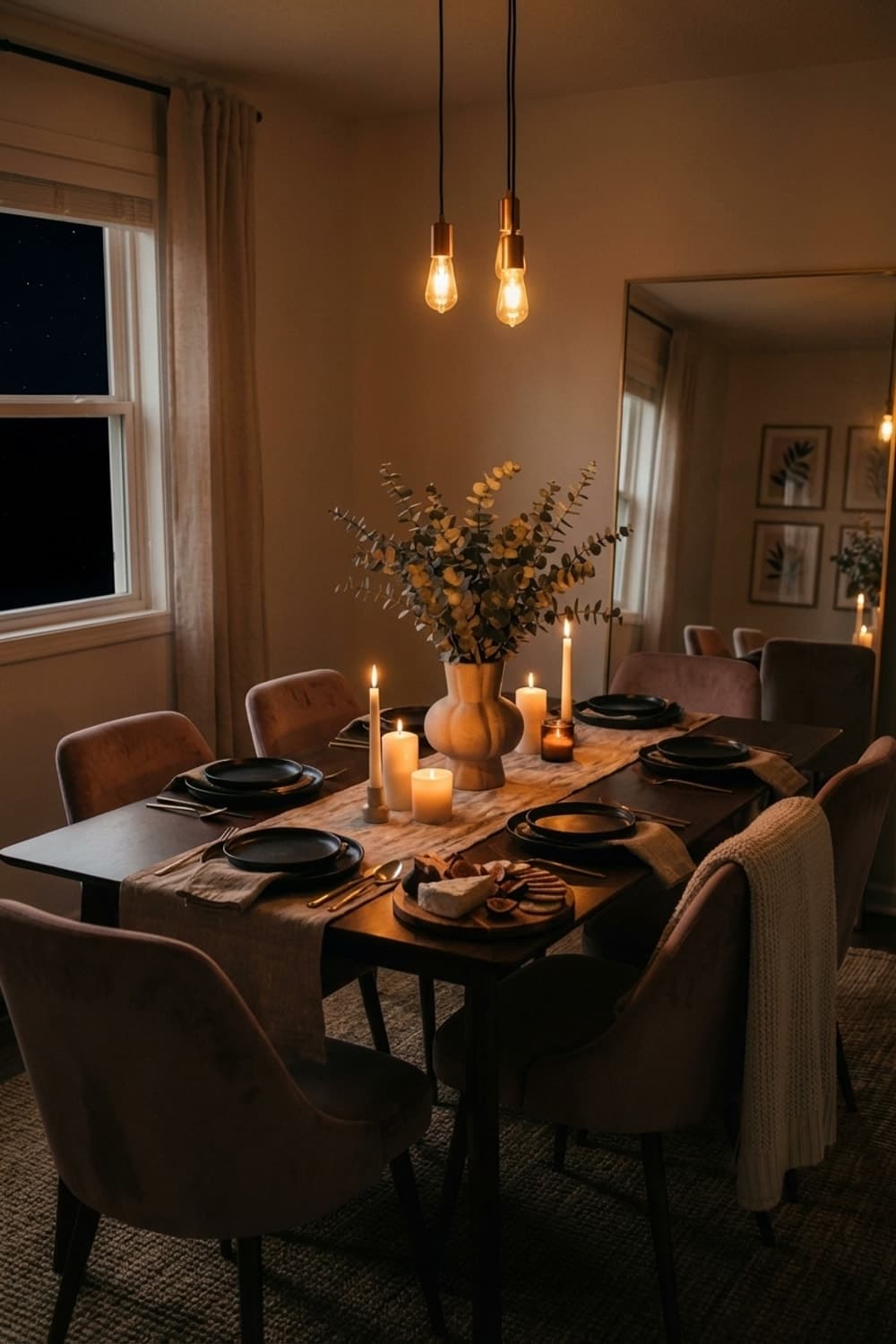 A Still Life with Eucalyptus - dining room, mauve chairs, wood table, black dinnerware, linen runner - Night Ambiance