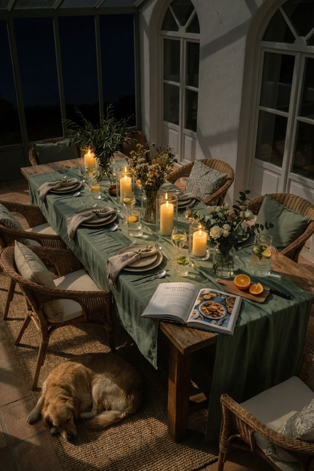 Golden Slumber, Sun-Drenched Table - dining room, sunroom, green, sage, woven chairs - Night Ambiance