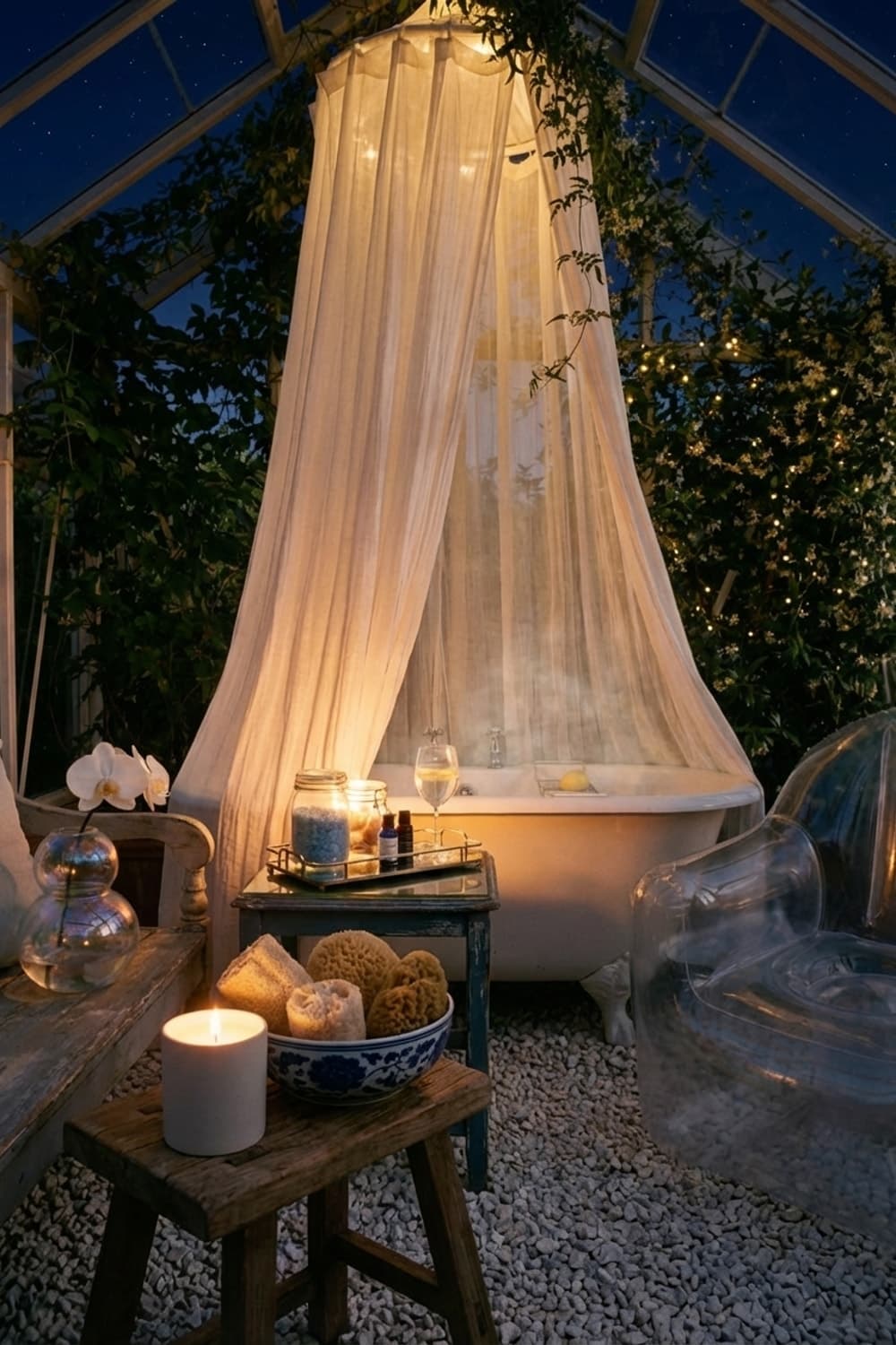Thresholds. Unveiled. - bathroom, white, green, tub, natural light - Night Ambiance