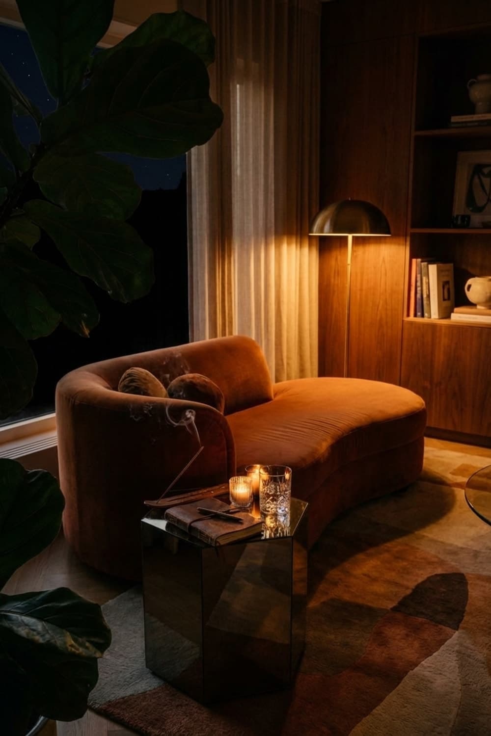 First Draft of a New Beginning - living room, rust, brown, green, gold - Night Ambiance