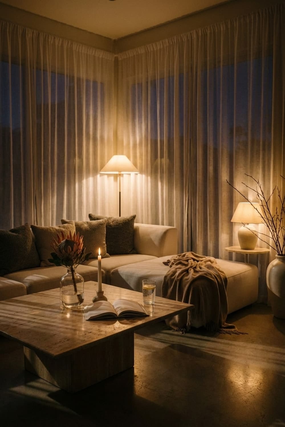 Silence Before the Quiet - living room, neutral palette, white sofa, travertine coffee table, linen curtains - Night Ambiance