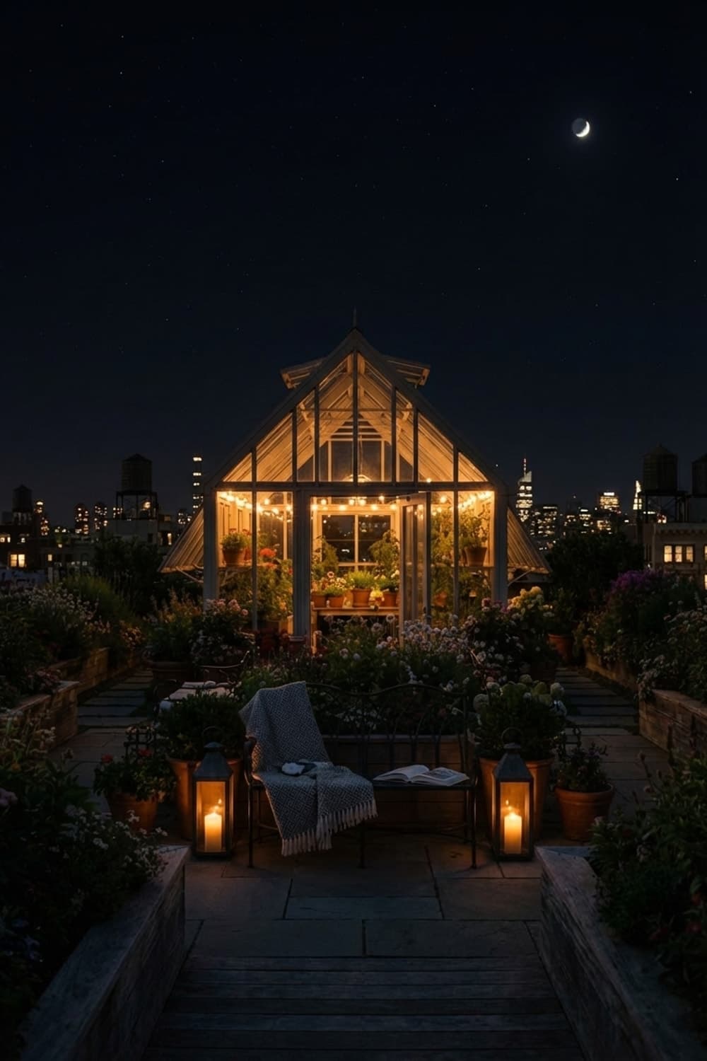 Greenhouse Dreams. Rooftop Bloom. - rooftop garden, greenhouse, urban oasis, bench seating, garden planters - Night Ambiance