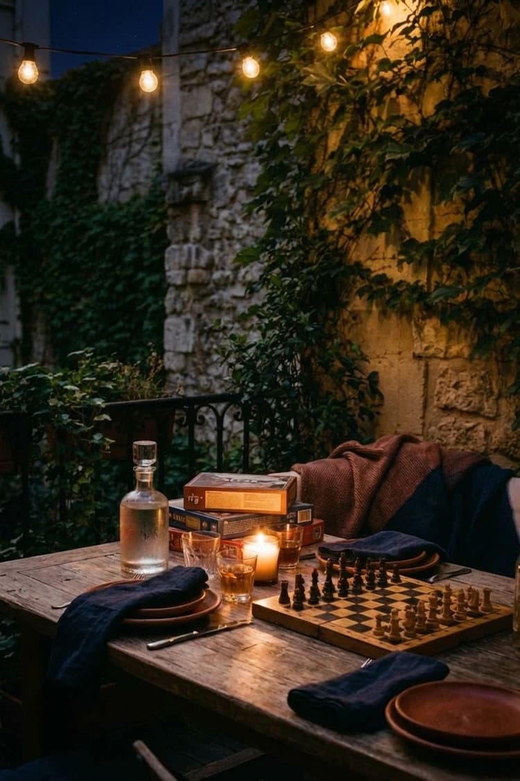 Rainy Days Were Made For This - outdoor living, patio, terracotta, wood table, chessboard - Night Ambiance